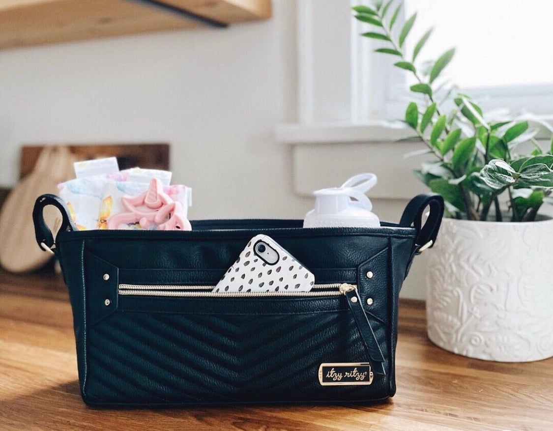 Travel stroller caddy- black/gold zipper